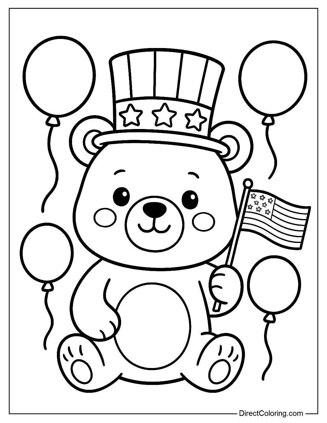 A coloring page of a cute bear holding an American flag, wearing a red, white, and blue striped holiday hat, surrounded by balloons.